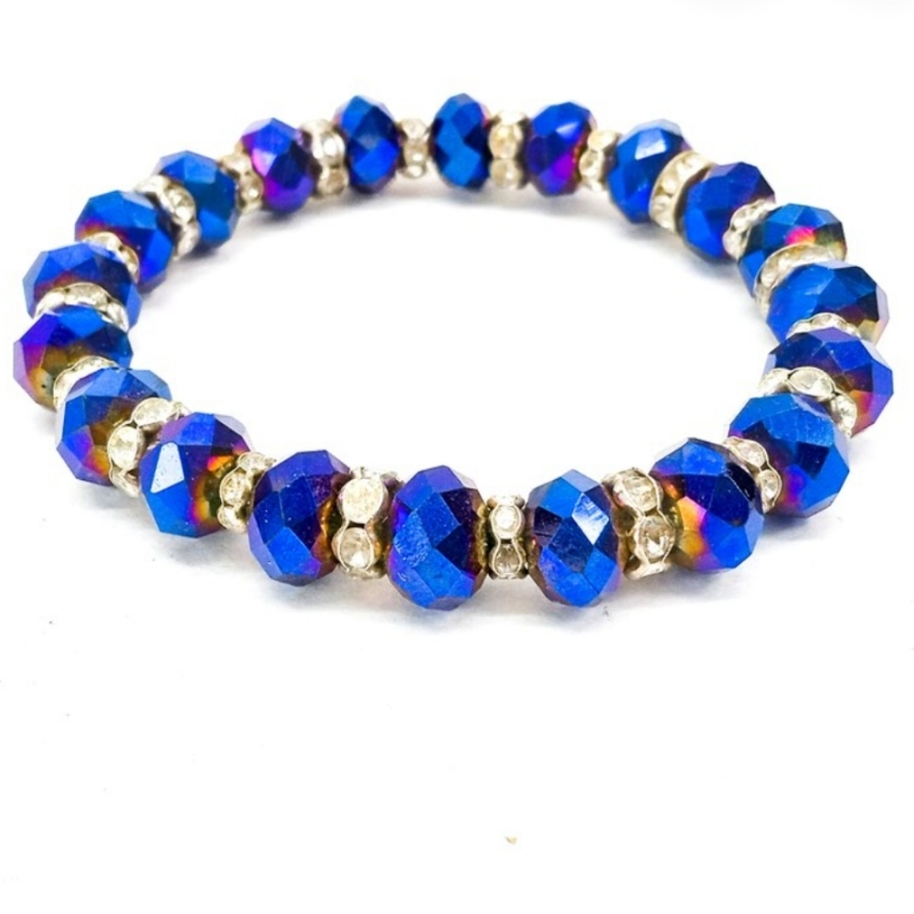 Vintage Stretch Bracelet Beaded.Cobalt Blue Beads with Rhinestones.